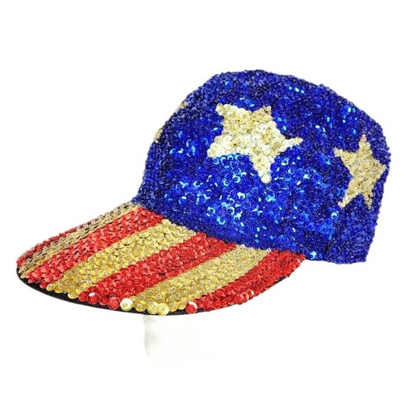 Vintage Beaded Sequined Gold Stars and Stripes Patriotic Blingy Flag Hat Adult main image 5